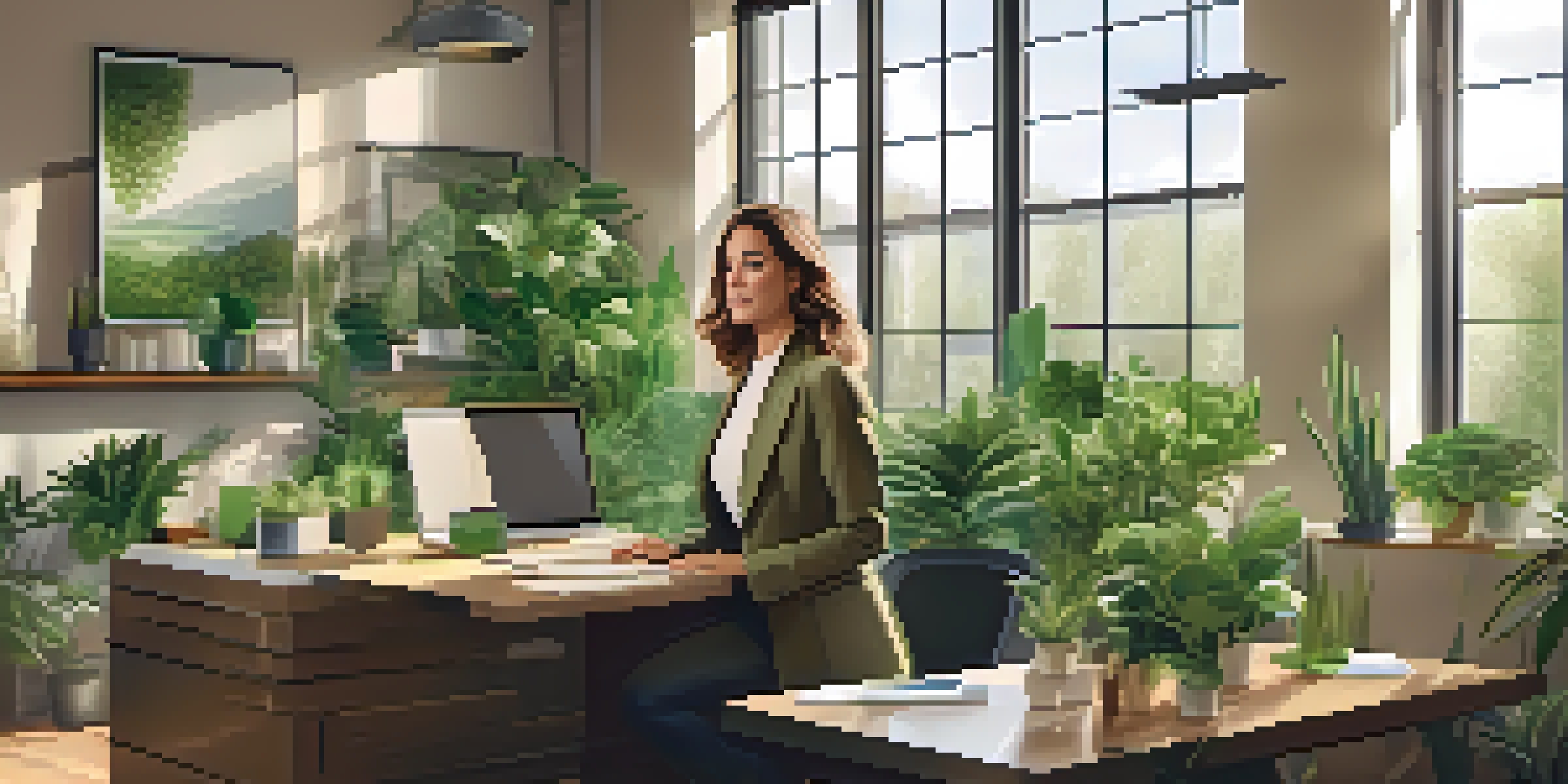 A confident professional woman in a modern office, reviewing sustainable investment strategies with a laptop and plants around her.
