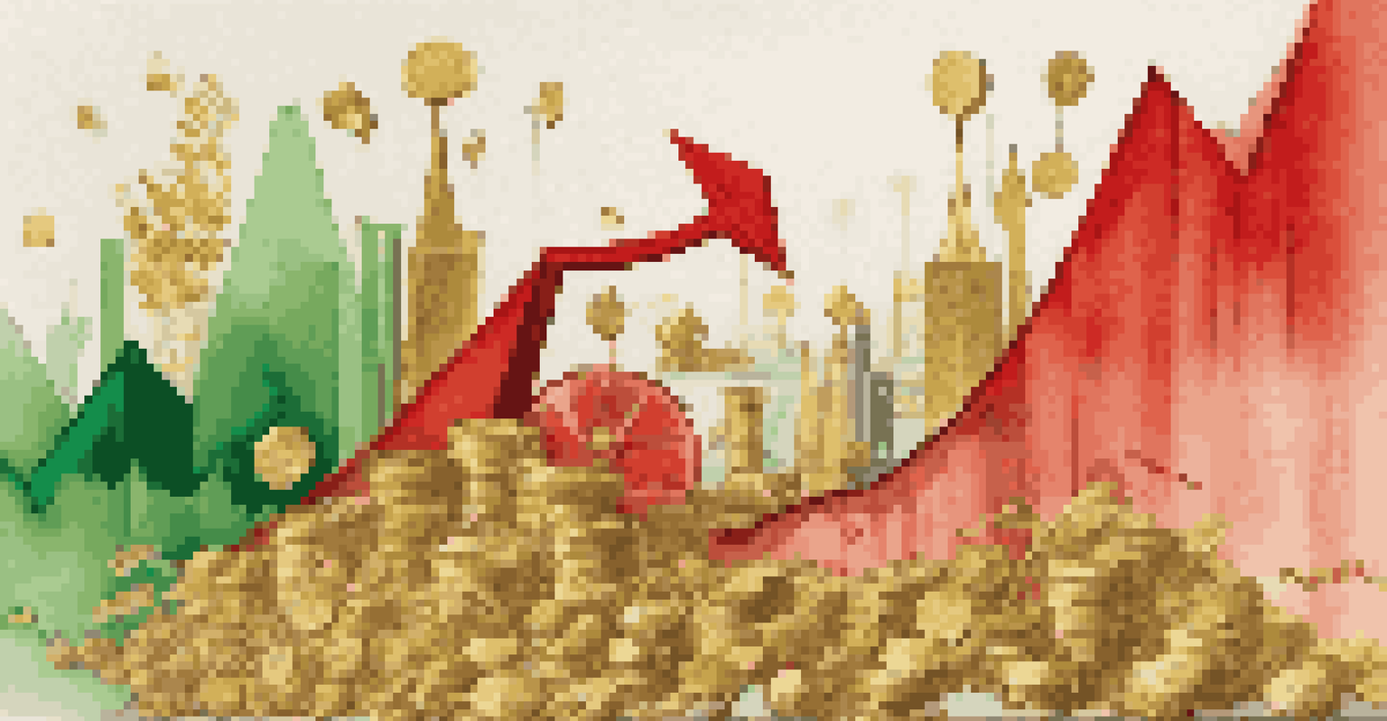 An abstract graph depicting inflation's impact, surrounded by images of gold, oil, and crops, with a colorful background representing market fluctuations.