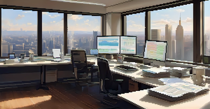 A tranquil financial trading desk with multiple screens showing stock charts and a notepad, illuminated by natural light.