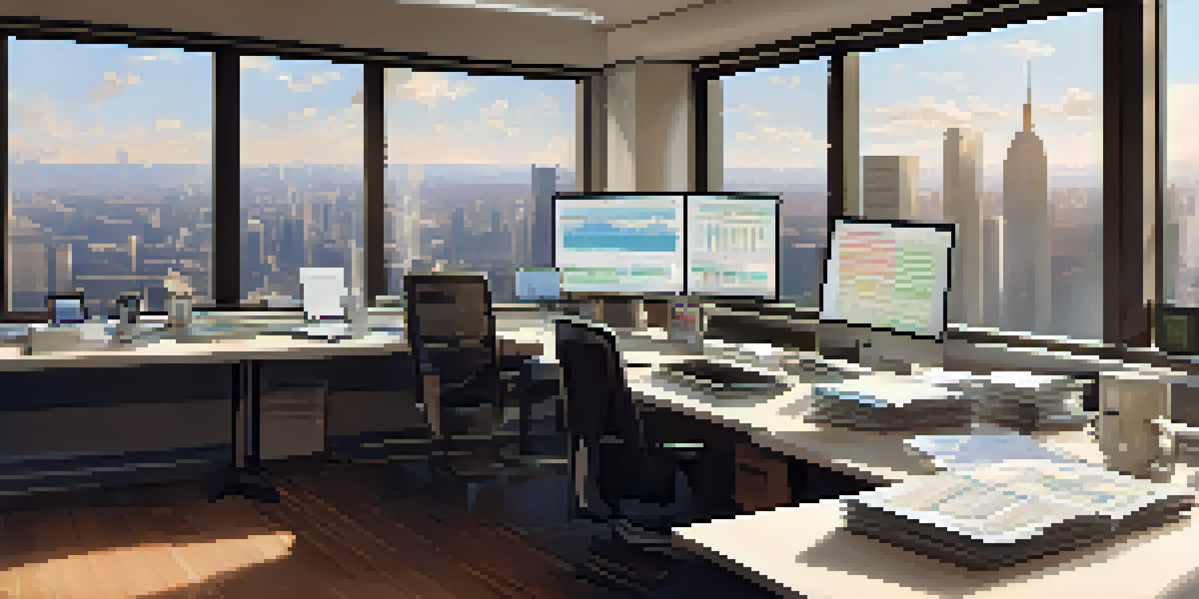 A tranquil financial trading desk with multiple screens showing stock charts and a notepad, illuminated by natural light.