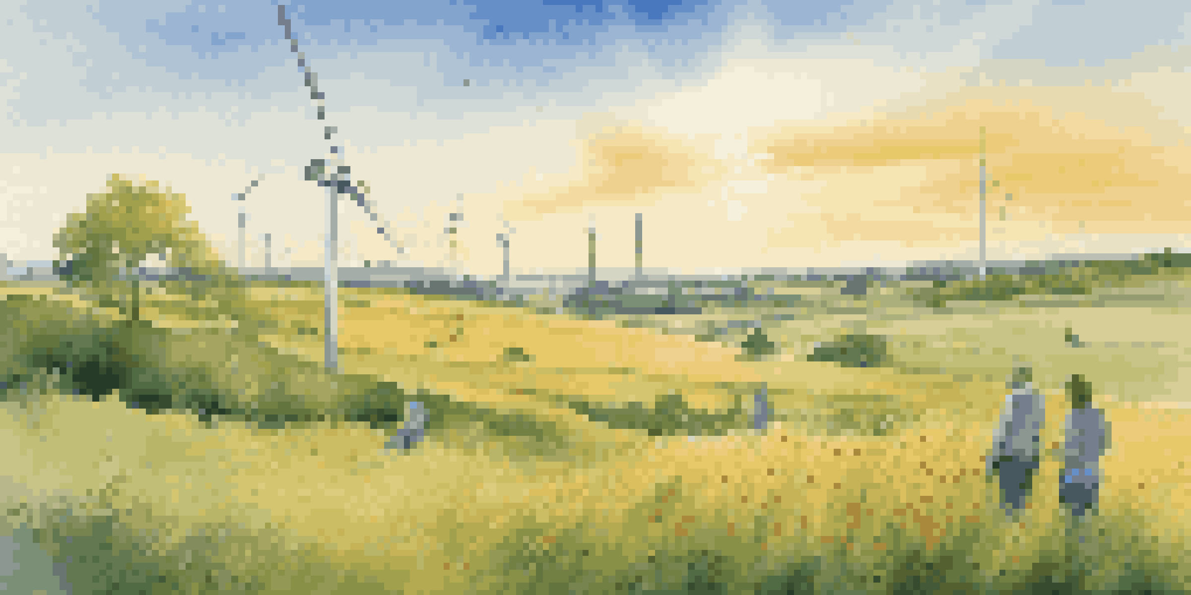 A peaceful green field with a wind turbine, diverse individuals discussing sustainability, and a bright sunny sky.