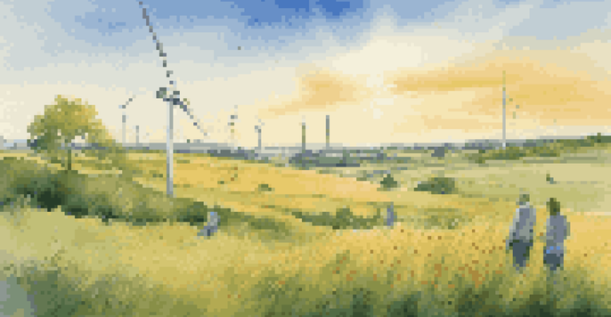 A peaceful green field with a wind turbine, diverse individuals discussing sustainability, and a bright sunny sky.