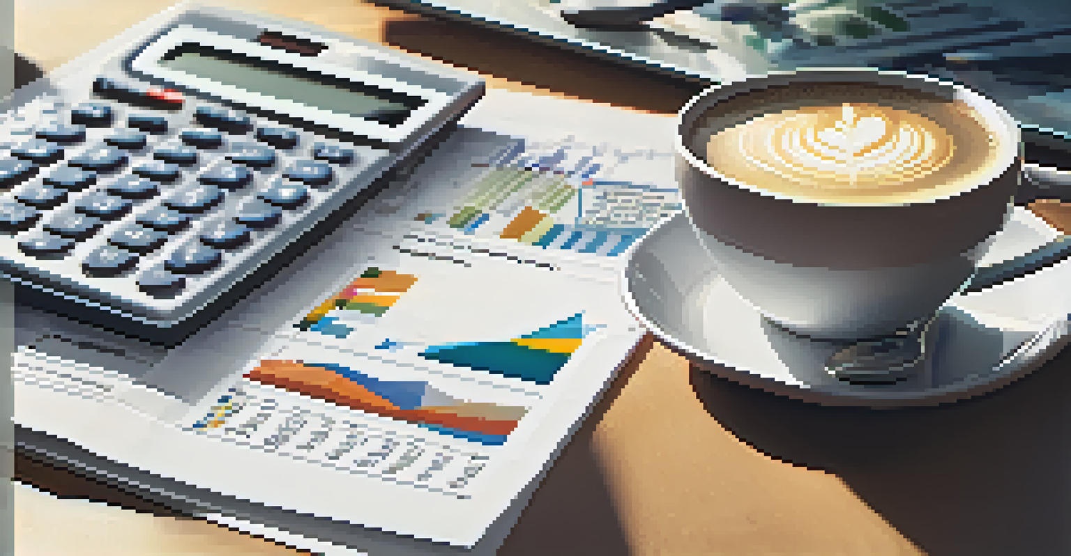 A financial report with graphs and charts on a wooden desk, alongside a calculator and a cup of coffee.