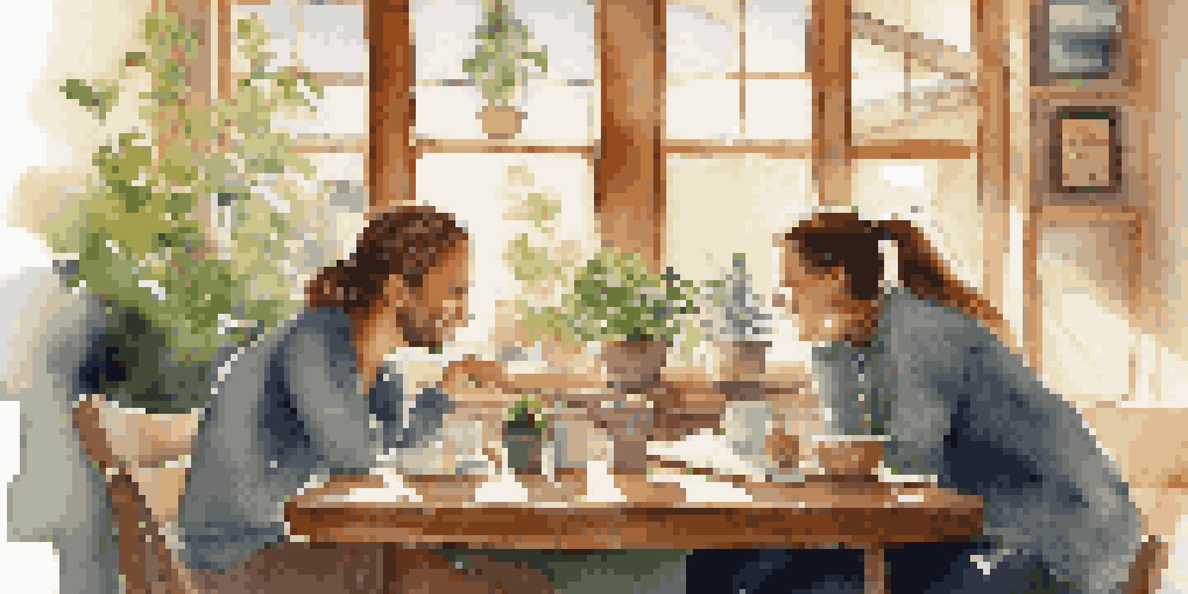 Two friends discussing financial goals in a cozy coffee shop, with notebooks and coffee cups on the table.