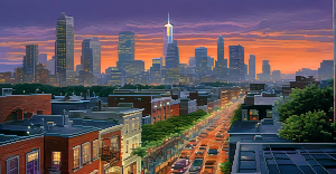 A city skyline at dusk with modern skyscrapers and traditional buildings, featuring a colorful sky and busy streets.