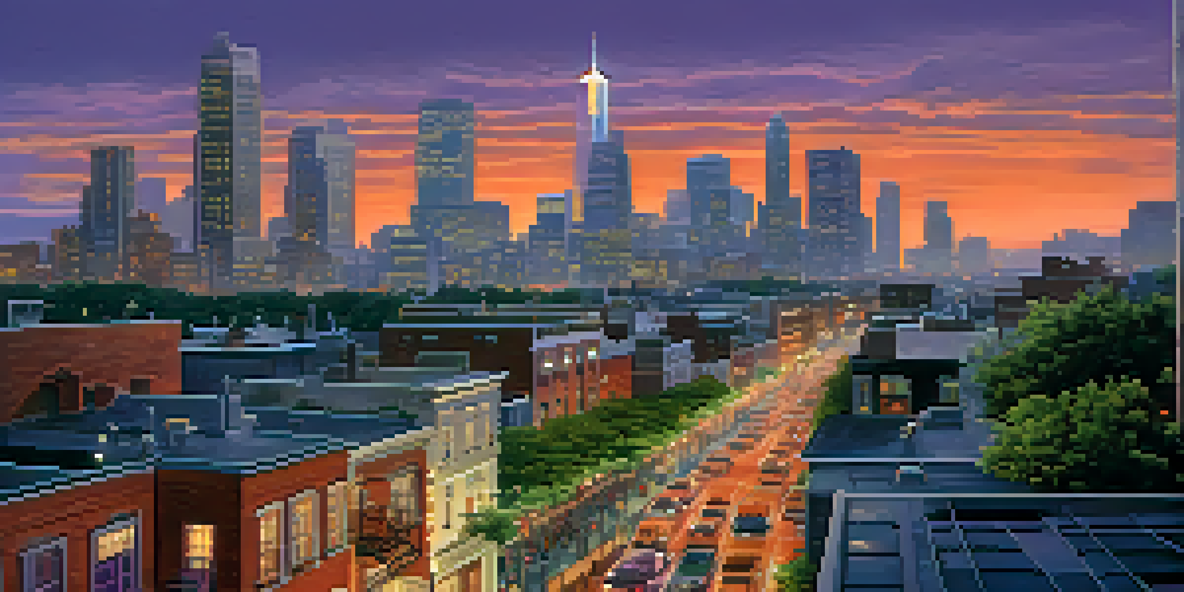 A city skyline at dusk with modern skyscrapers and traditional buildings, featuring a colorful sky and busy streets.