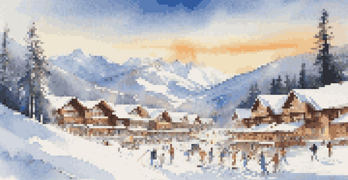 A picturesque winter scene at a ski resort with skiers on snowy slopes and cozy chalets.