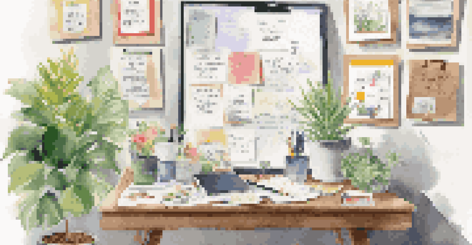 A vision board filled with financial goals and motivational quotes in a bright workspace.