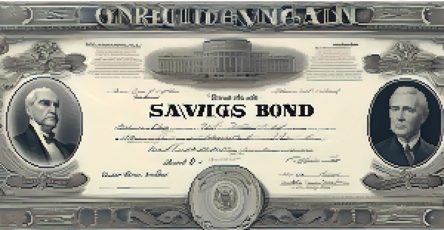 A close-up of a hand holding a U.S. Savings Bond certificate against a blurred background, highlighting its intricate designs.