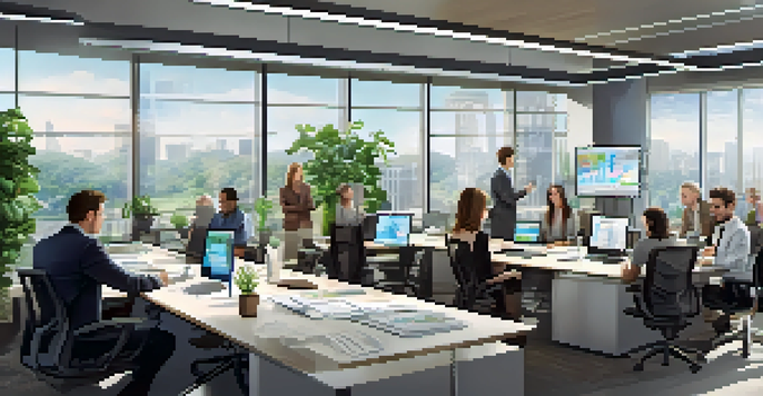 A diverse group of professionals in a conference room, collaborating on financial analysis with charts on a screen and modern office decor.