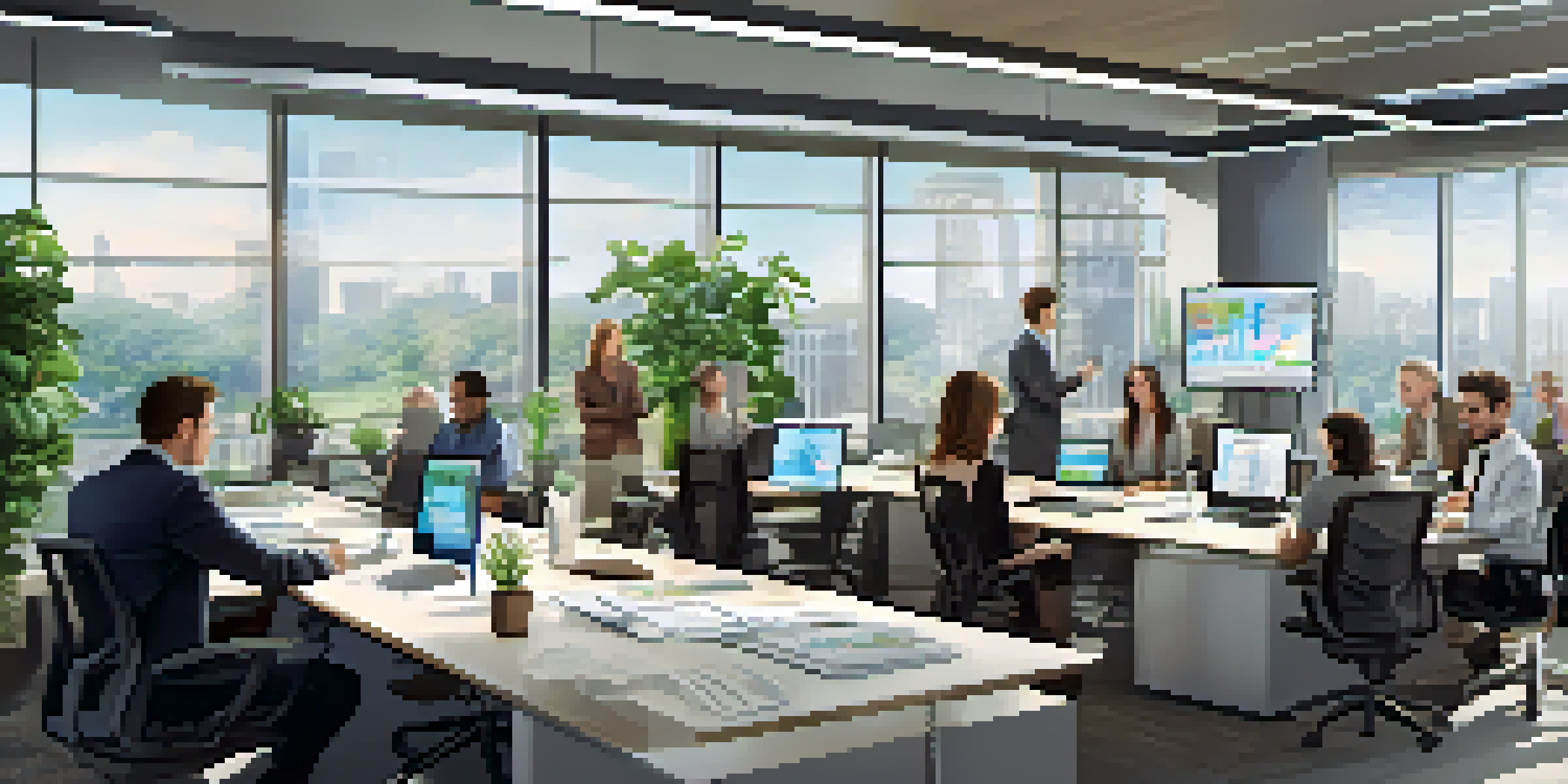 A diverse group of professionals in a conference room, collaborating on financial analysis with charts on a screen and modern office decor.