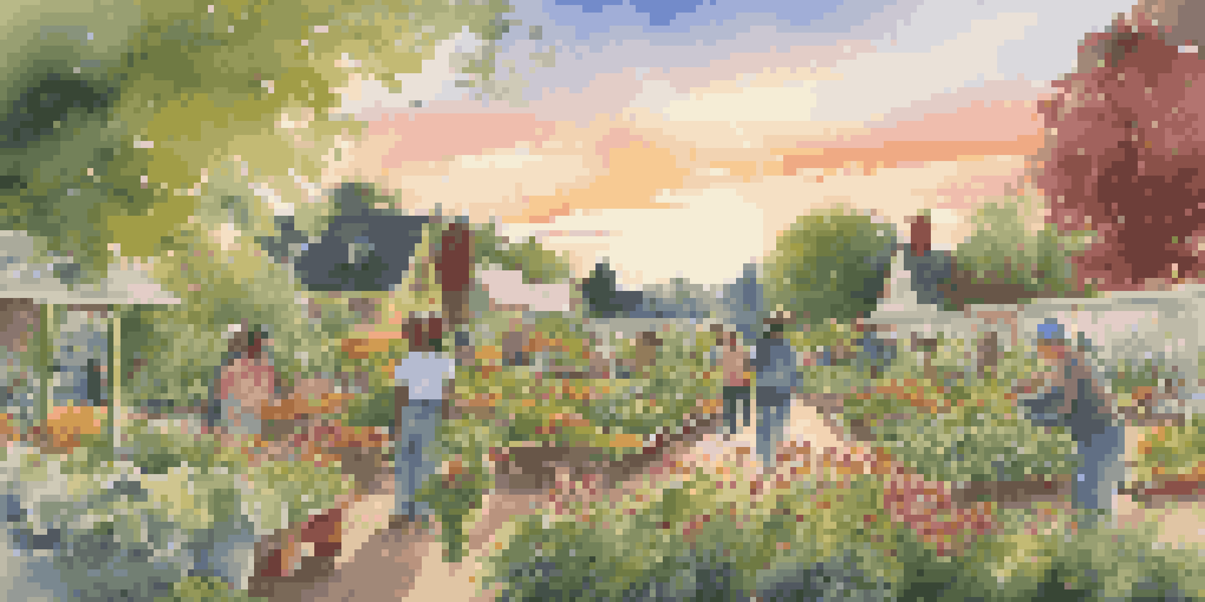 A community garden with people of various backgrounds working together amidst colorful flowers and vegetables under a sunset.