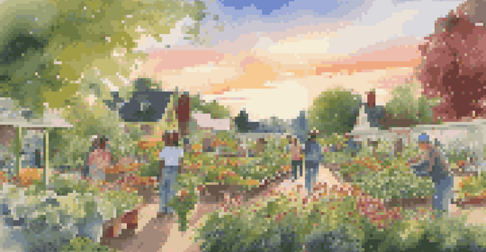 A community garden with people of various backgrounds working together amidst colorful flowers and vegetables under a sunset.
