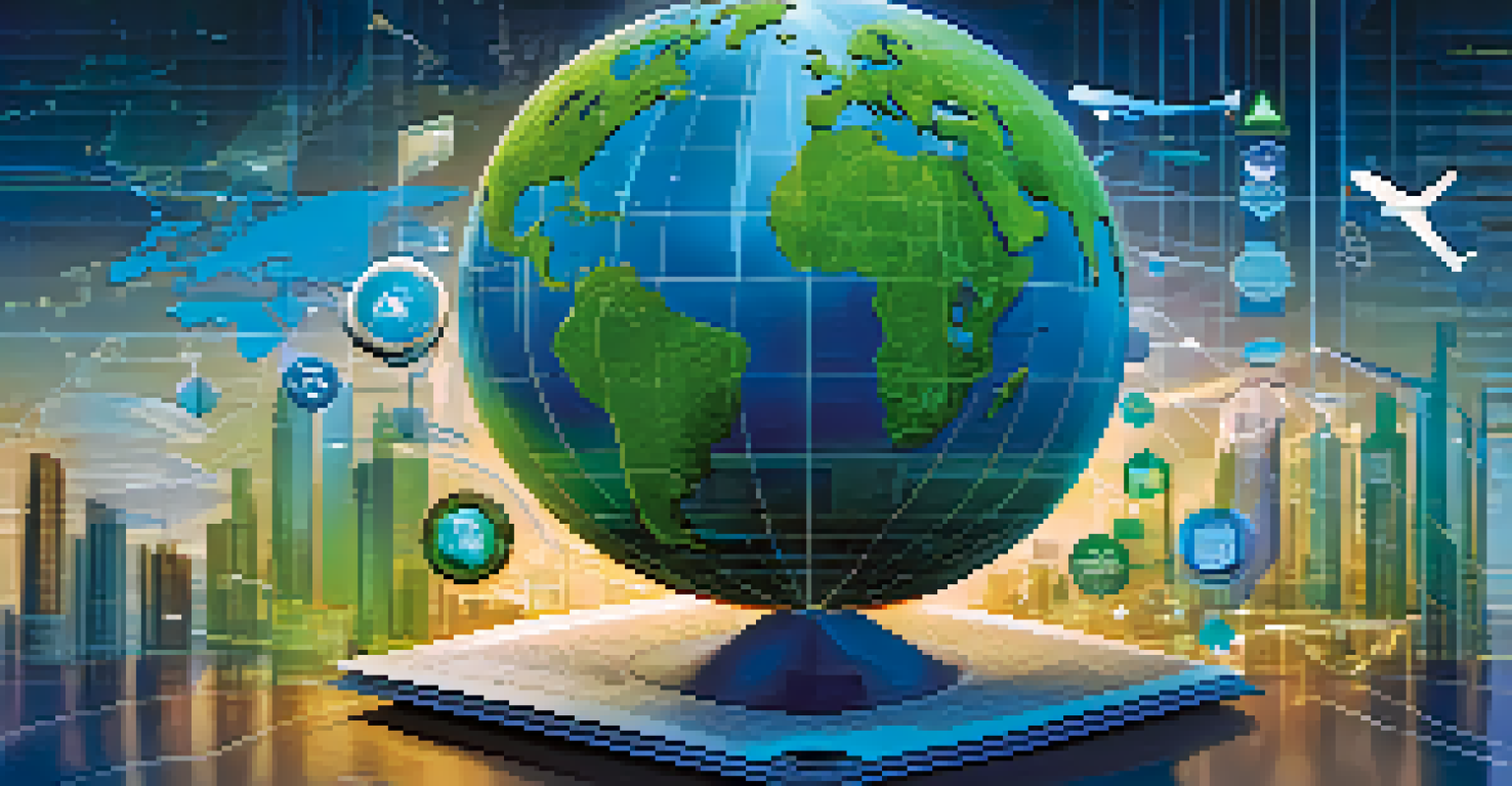 A globe surrounded by symbols of investment sectors, interconnected with digital lines in a colorful background.