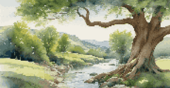 A tranquil scene with a large green tree by a stream, rolling hills, and a blue sky with clouds.