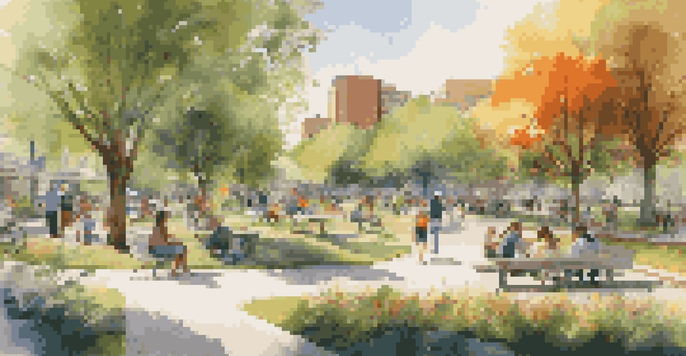 A lively urban park filled with diverse community members engaging in various activities such as picnicking, playing, and walking dogs among greenery and colorful flowerbeds.