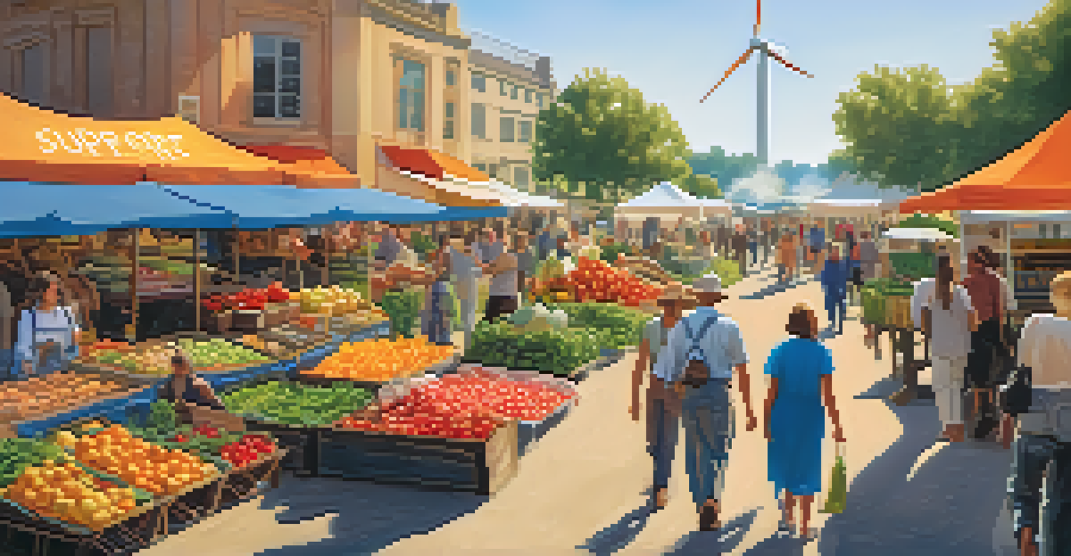 A farmer's market with organic produce stalls, people chatting, and a wind turbine in the background, promoting sustainability.
