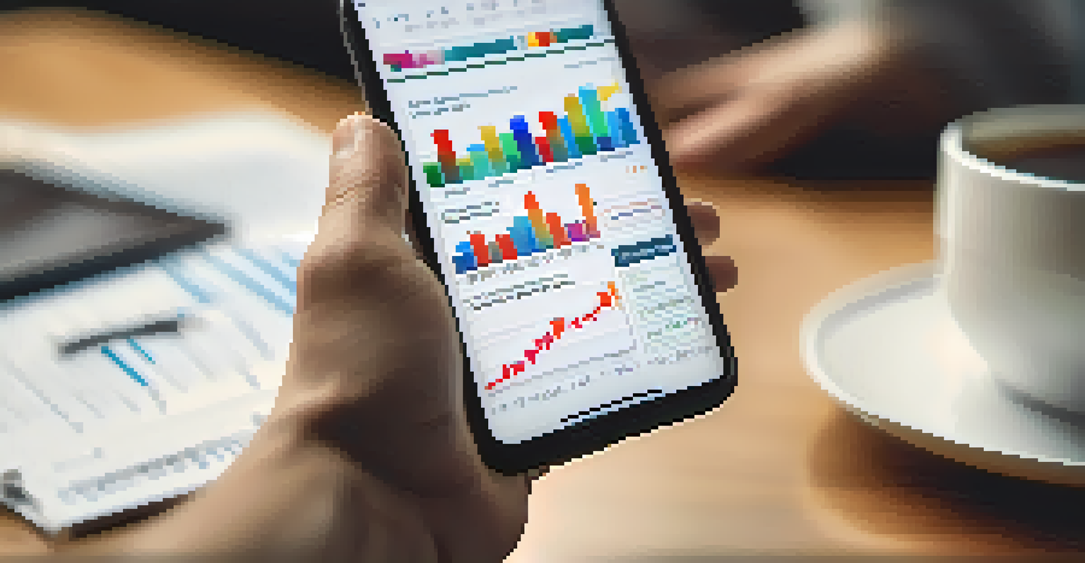 A close-up of hands holding a smartphone with a stock market app, set against a blurred modern workspace with financial books.
