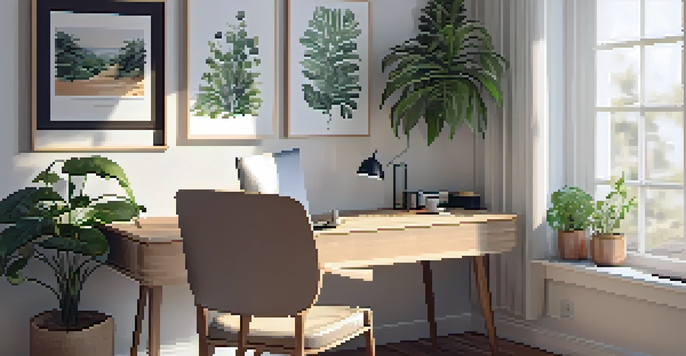 A cozy home office with a wooden desk, laptop, houseplants, and natural light from a window.