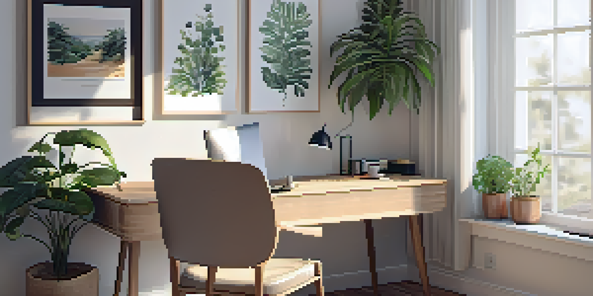 A cozy home office with a wooden desk, laptop, houseplants, and natural light from a window.