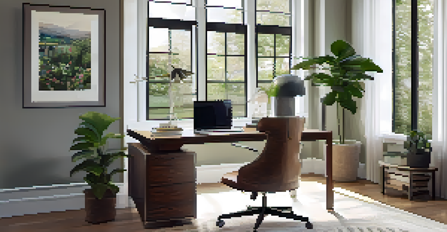 A modern home office interior with a sleek desk, laptop, and large windows, decorated with art and plants.