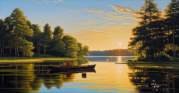 A peaceful lake scene with green trees, a wooden boat, and a sunset reflecting on the water.