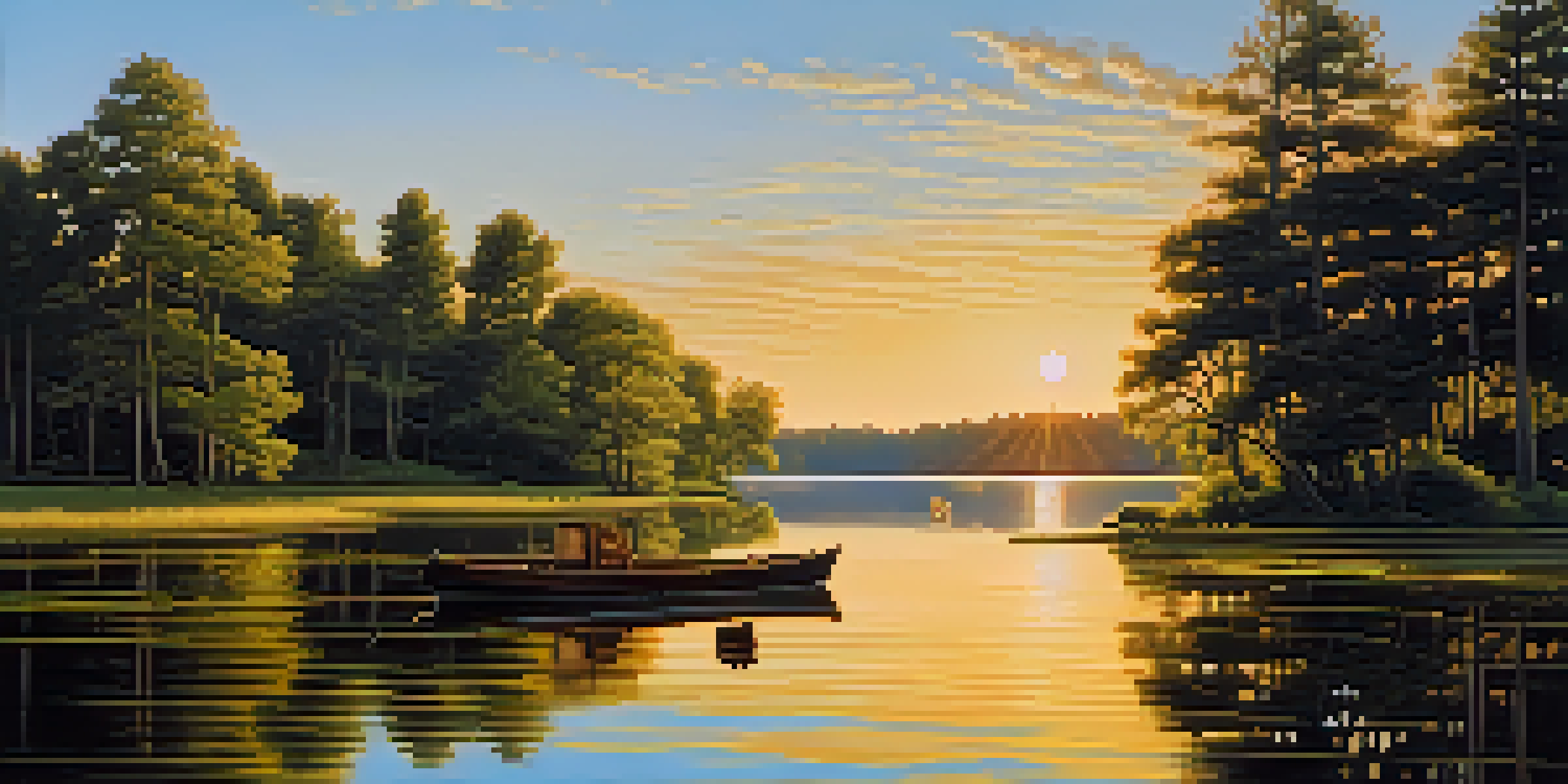 A peaceful lake scene with green trees, a wooden boat, and a sunset reflecting on the water.