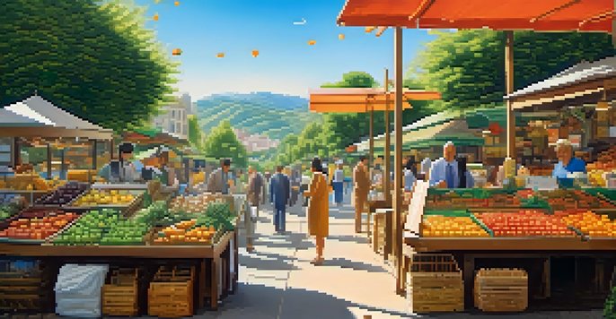 A peaceful landscape illustrating different investment assets, with bright sunlight and a blue sky.