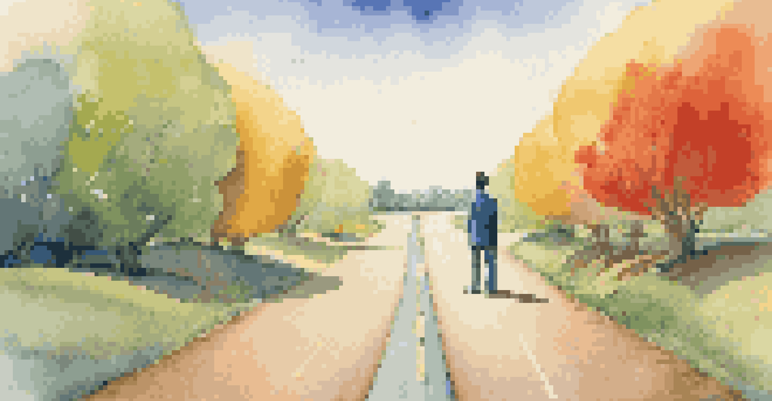 An illustration of a person at a fork in the road, with one path leading to light and the other to darkness, symbolizing financial security and uncertainty.