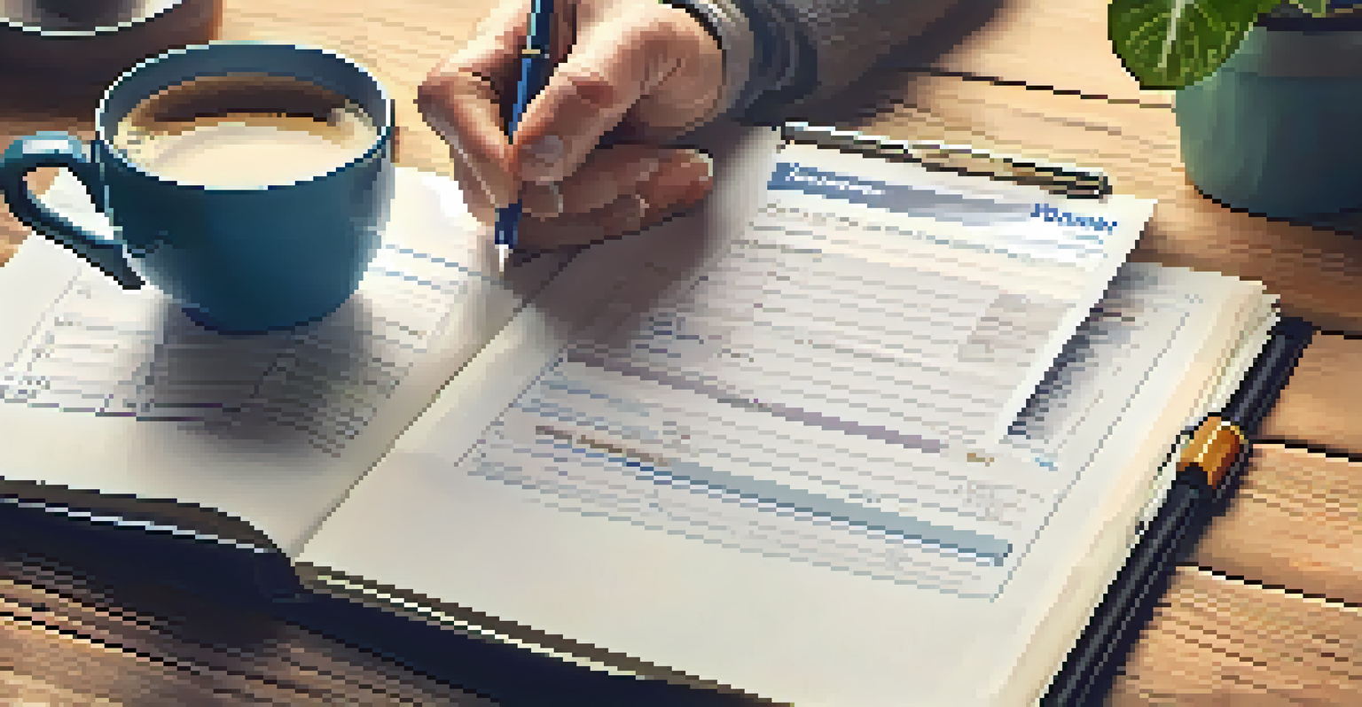A close-up of a hand filling out a retirement budget planner on a wooden table with a cup of coffee and a potted plant in the background.