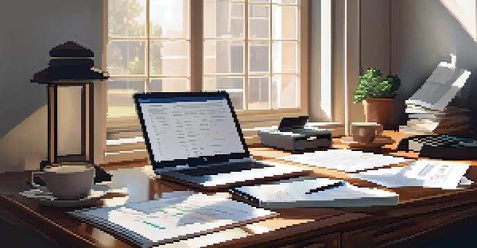 A well-organized wooden desk with financial documents, a laptop, a calculator, and a cup of coffee, bathed in soft natural light.