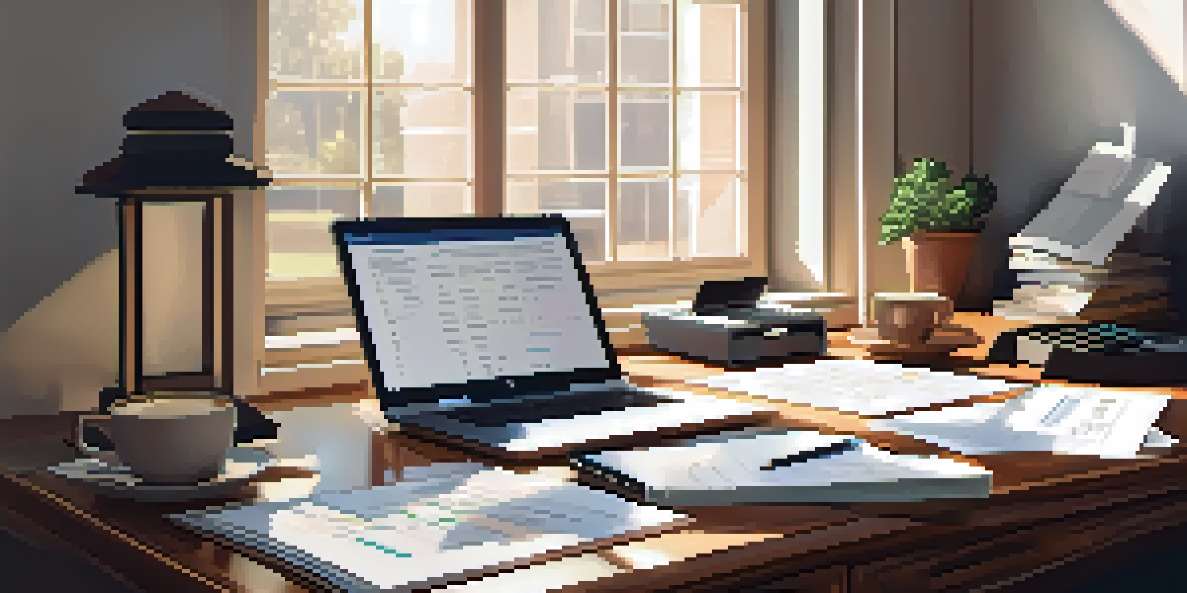 A well-organized wooden desk with financial documents, a laptop, a calculator, and a cup of coffee, bathed in soft natural light.