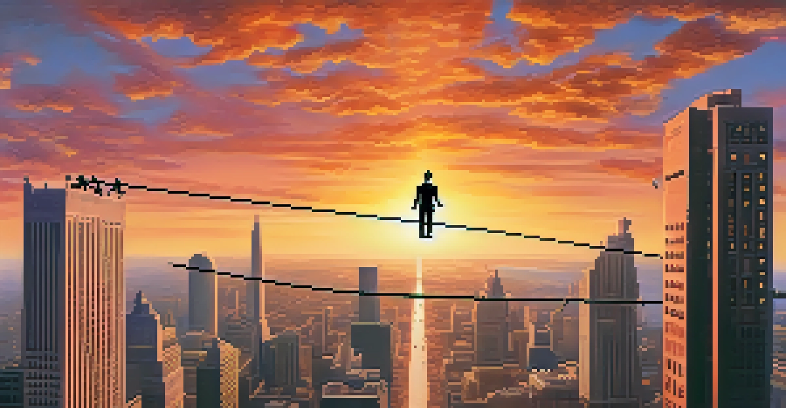 A tightrope walker balancing over a city skyline, surrounded by financial symbols, symbolizing risk management in trading.