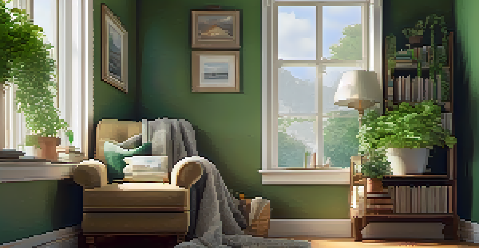 A cozy reading nook with an armchair, tea, and plants by a window.