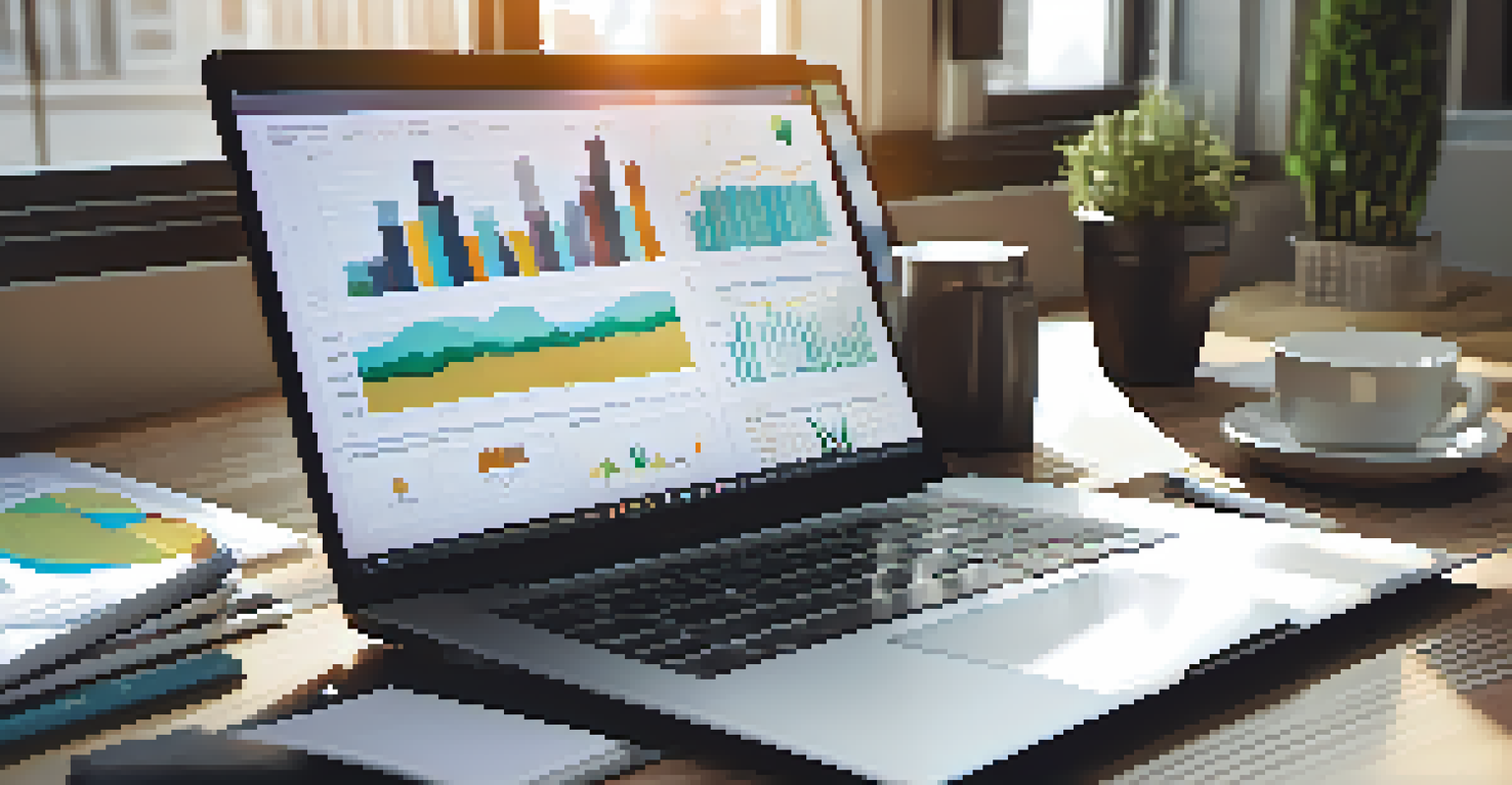 A close-up view of an organized investment portfolio with graphs and charts on a wooden desk, illuminated by natural light from a window.