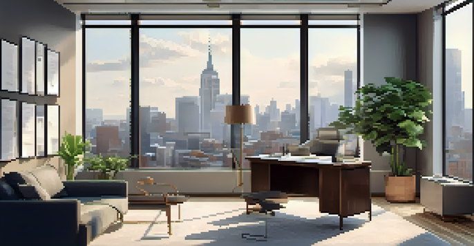 A modern office space with a view of the city, featuring a desk with a laptop and financial charts on the wall.