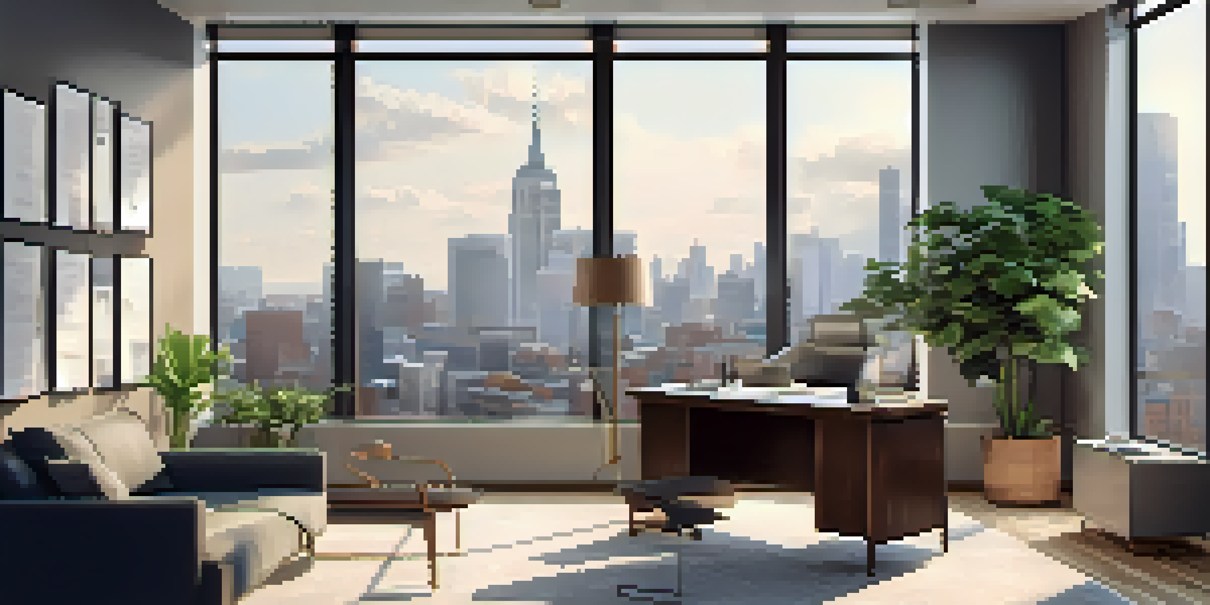 A modern office space with a view of the city, featuring a desk with a laptop and financial charts on the wall.
