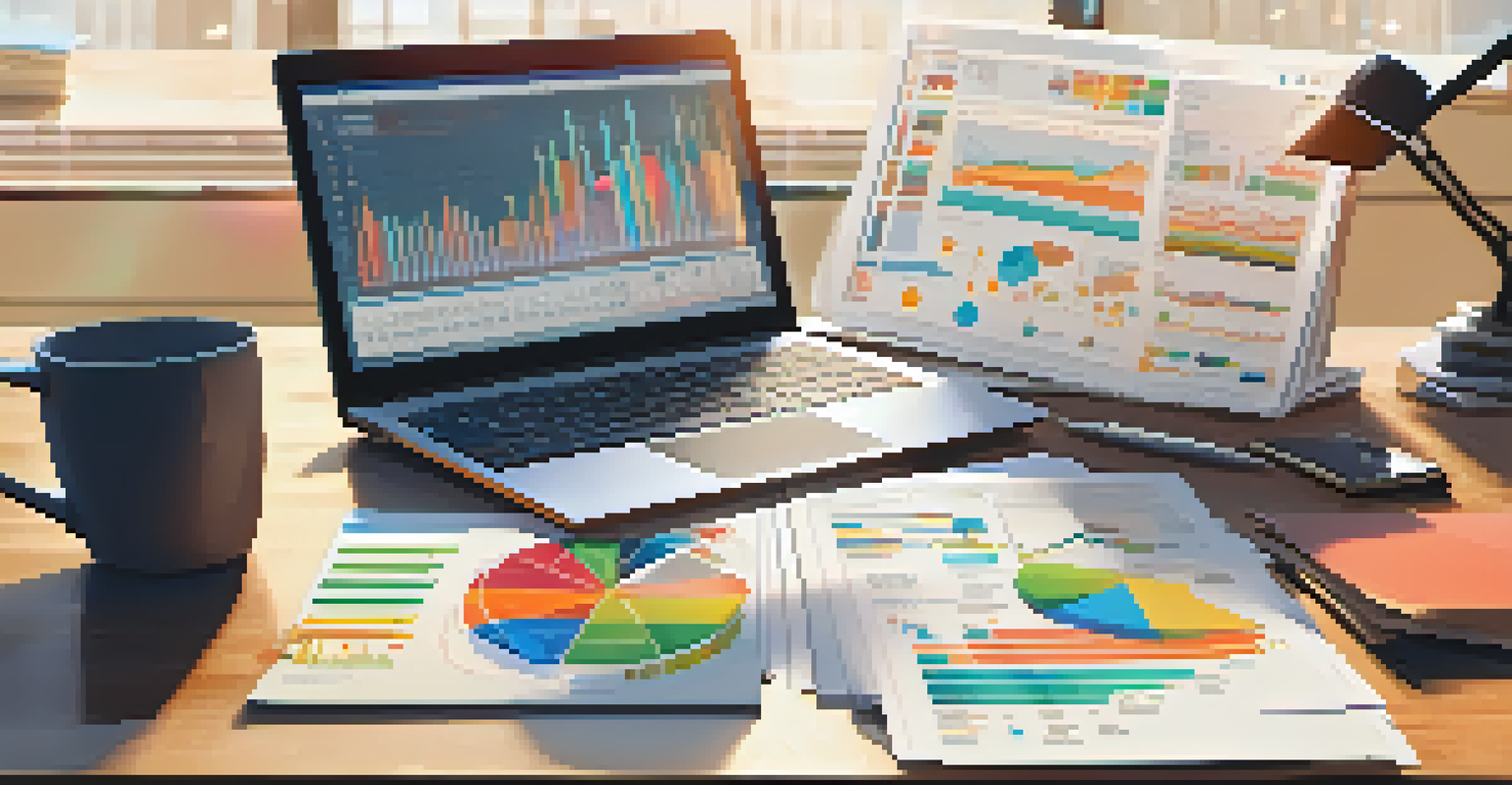 A person closely analyzing data on a laptop with reports and charts on a cluttered desk.