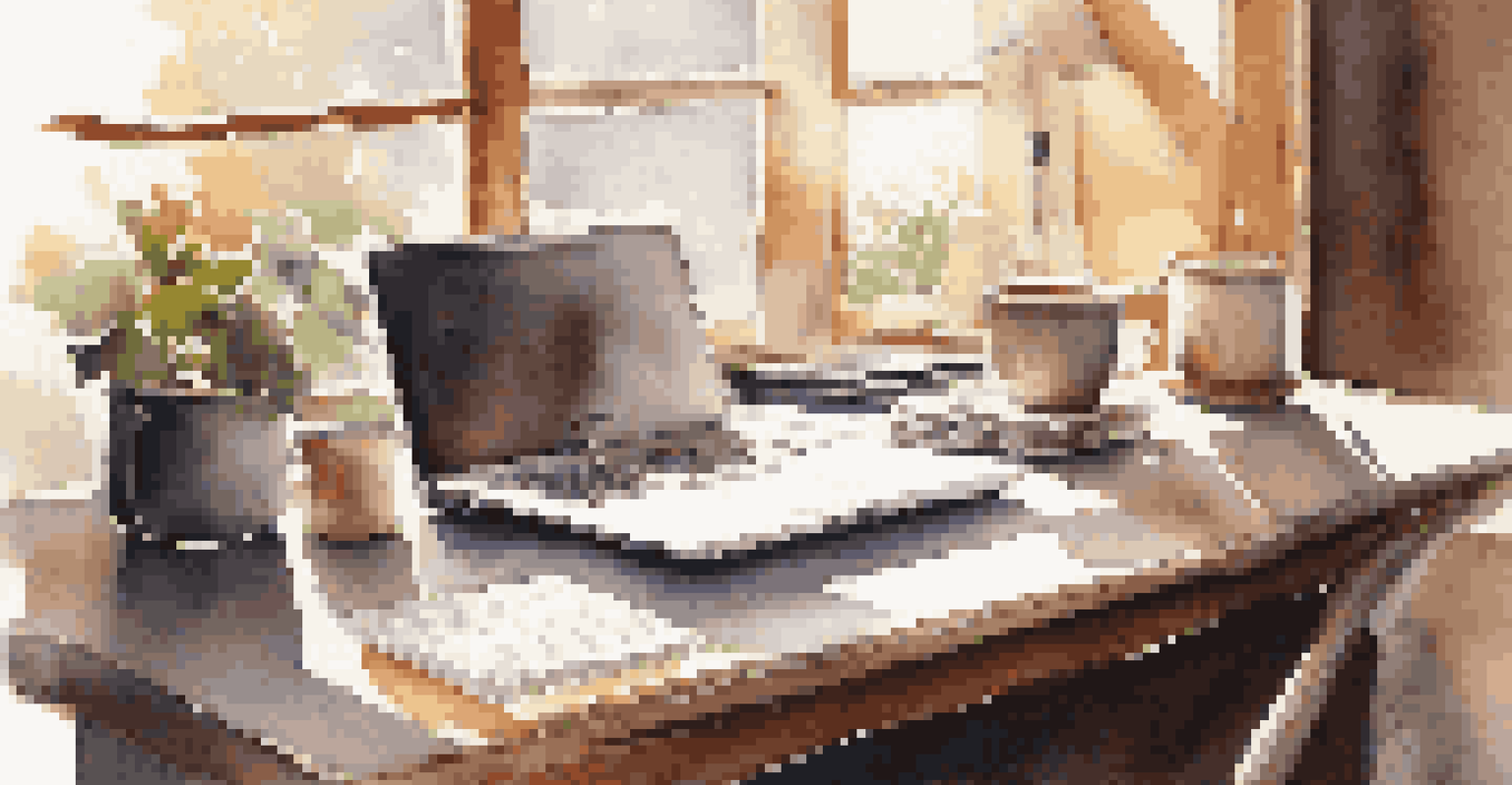 An office desk with a laptop, documents, and coffee, illuminated by sunlight from a window.