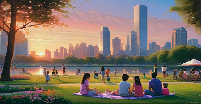 A modern city skyline at dusk with skyscrapers reflecting sunset colors, and a green park with families and children playing.