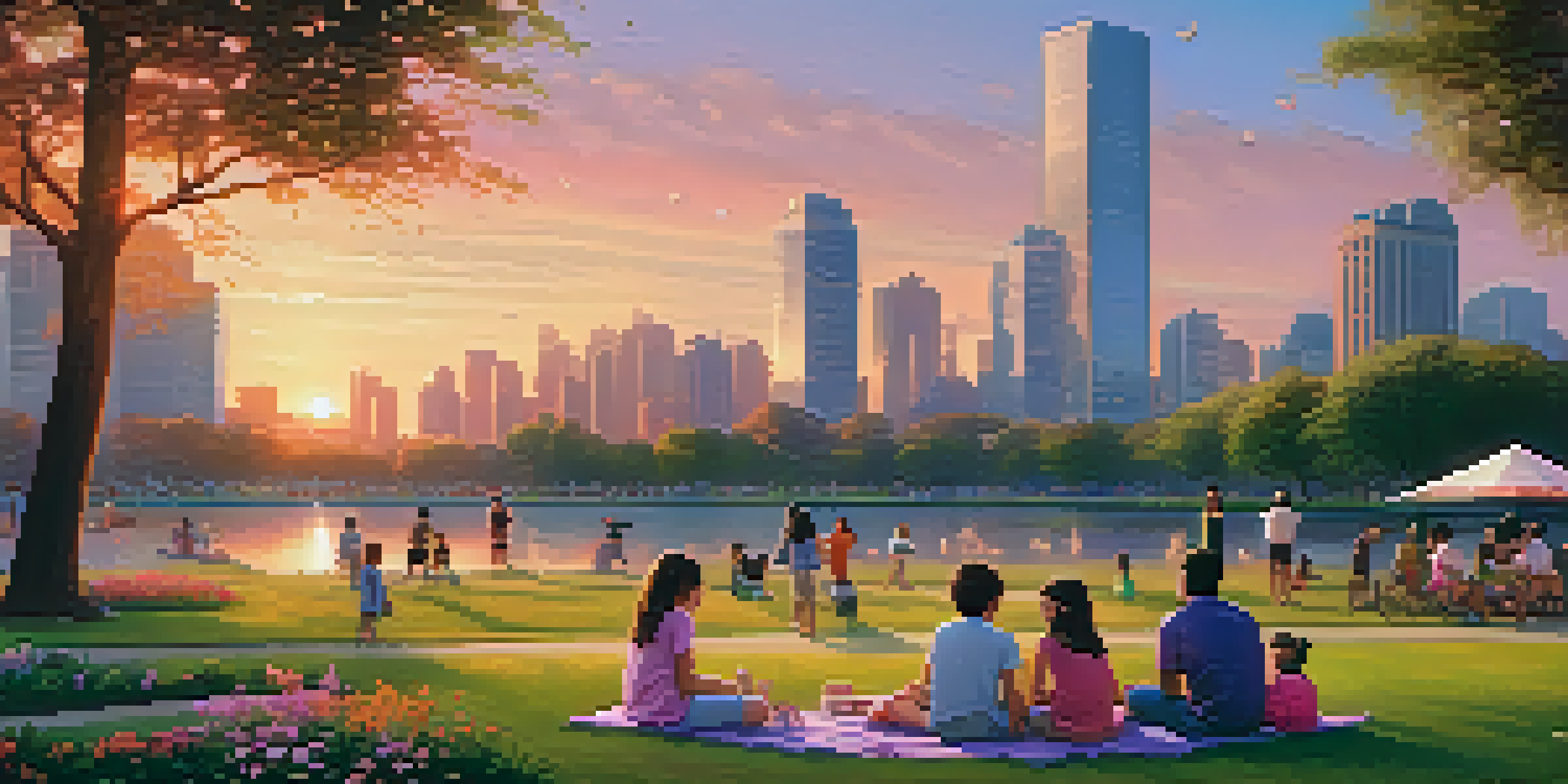 A modern city skyline at dusk with skyscrapers reflecting sunset colors, and a green park with families and children playing.