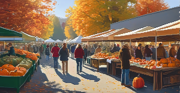 A lively outdoor market in fall with colorful stalls of pumpkins and apples, bright sunlight, and vibrant autumn foliage.