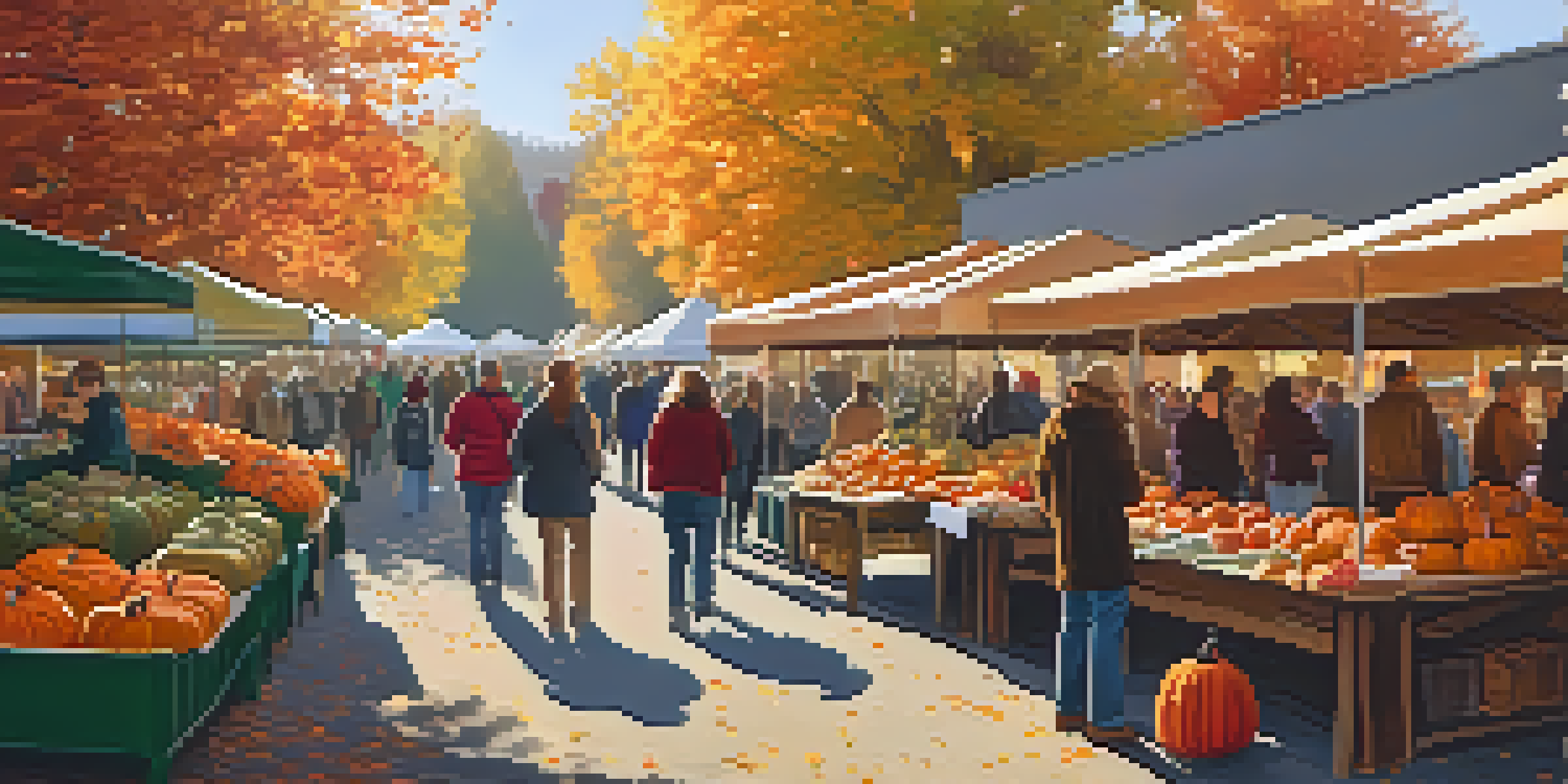A lively outdoor market in fall with colorful stalls of pumpkins and apples, bright sunlight, and vibrant autumn foliage.