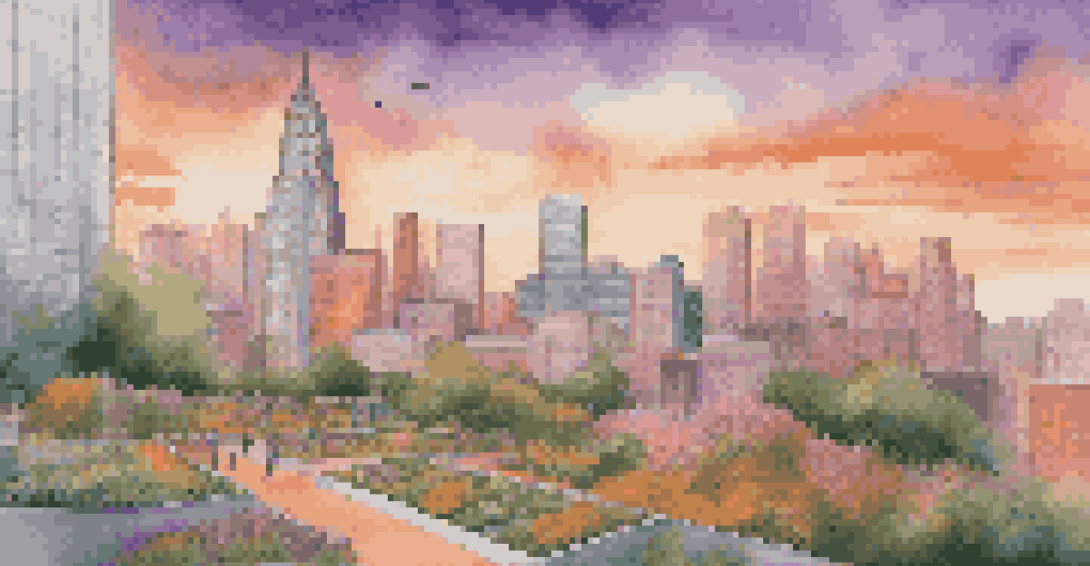 A vibrant city skyline at sunset with skyscrapers and green rooftops, and people in a park.