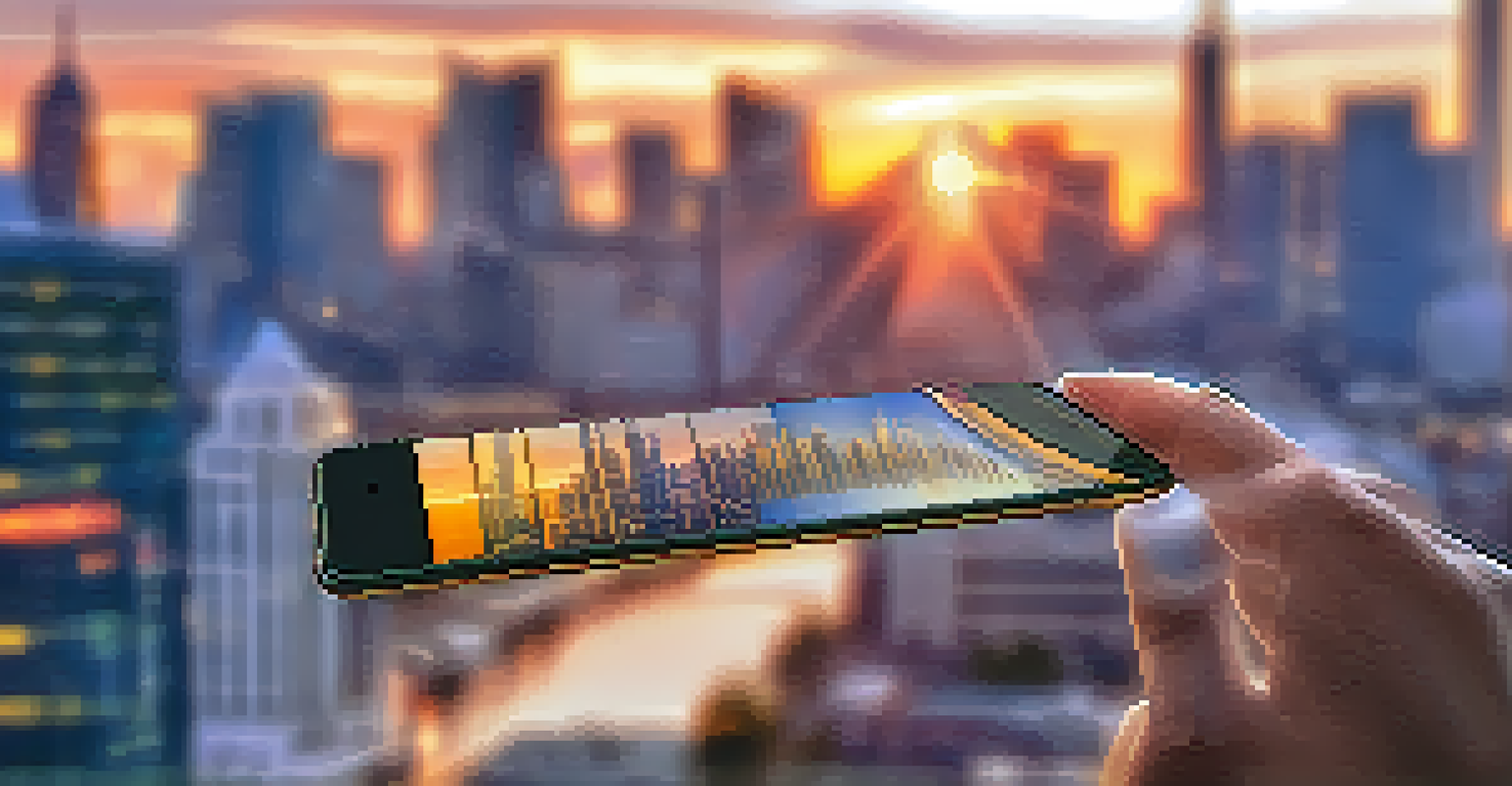 A hand holding a smartphone with financial data, set against a blurred urban skyline at sunset.