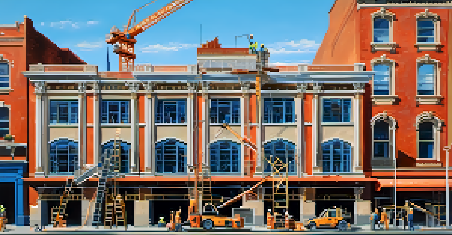 A historic building undergoing renovation into a boutique hotel, with construction workers and equipment around.