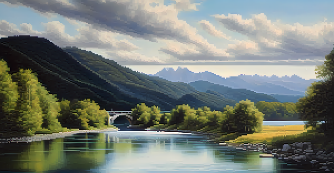 A sturdy bridge over a turbulent river, symbolizing financial resilience, with trees and mountains in the background.