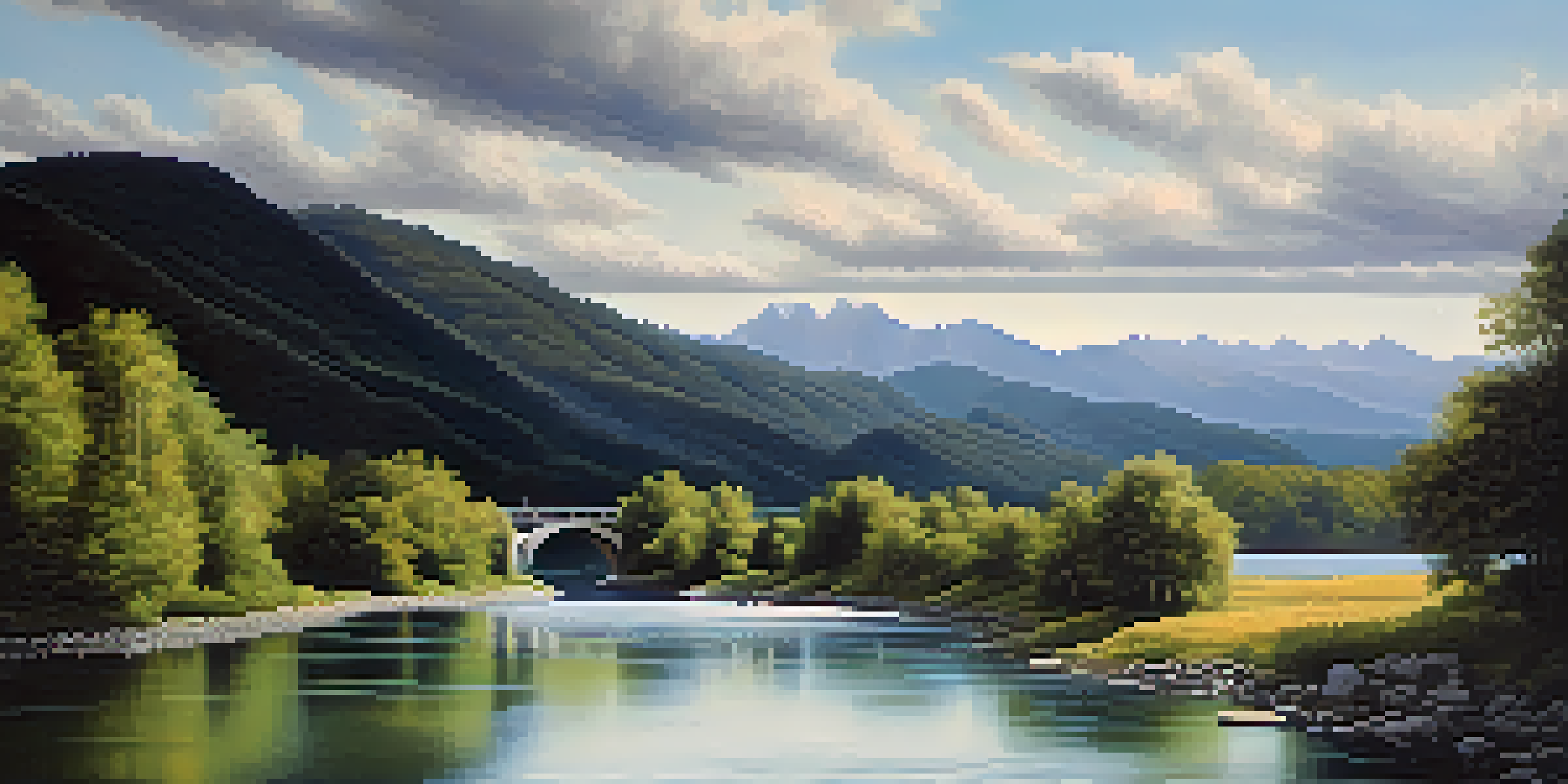 A sturdy bridge over a turbulent river, symbolizing financial resilience, with trees and mountains in the background.