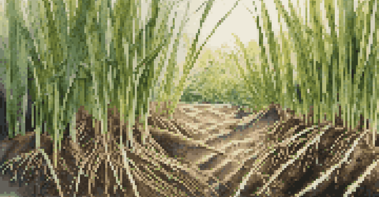 A close-up view of healthy rice plants with detailed leaves and roots, showcasing rich soil texture and sunlight filtering through.