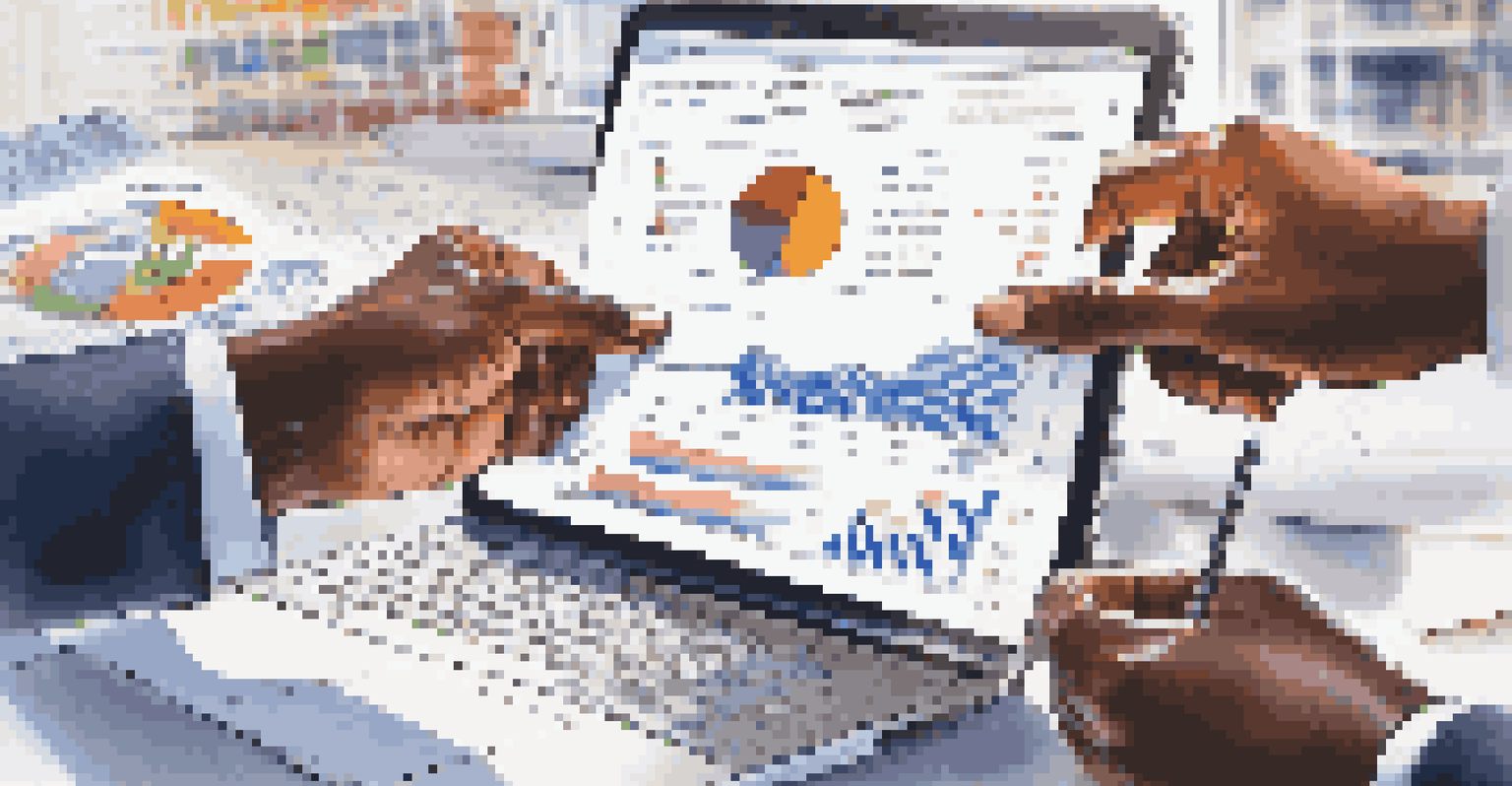A close-up of hands holding financial documents and a laptop, with colorful charts and graphs in a bright office setting.